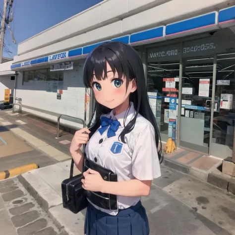 best quality, ultra-detailed, illustration,
lawson, konbini, scenery, storefront, outdoors, sky, shop, blue sky, road, building, day, sign, real world location, street, 
1girl, black hair, long hair, school uniform, happy, shy smile, smile, 
 <lora:LAWSON_JAPAN_SD15_V1:1>