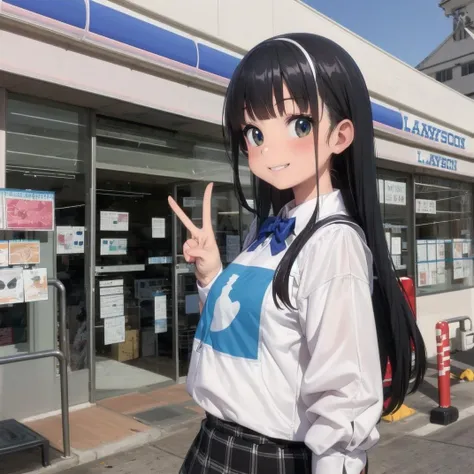 best quality, ultra-detailed, illustration,
lawson, konbini, scenery, storefront, , scenery, outdoors, ground vehicle, sky, shop, motor vehicle, blue sky, road, building, day, car, sign, real world location, street, 
1girl, black hair, long hair, school uniform, happy, shy smile, smile, 
 <lora:LAWSON_JAPAN_SD15_V1:1>