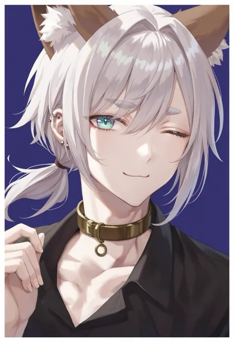 masterpiece, best quality,
male focus, 1boy,   
solo, animal ears, shirt, smile, looking at viewer, white hair, ponytail, ear piercing, black shirt, low ponytail, collared shirt, hair between eyes, border, collar, piercing, purple eyes, portrait, blue background, white border, hand up, long hair, blue eyes, animal ear fluff, simple background, closed mouth, metal collar, brown hair, green eyes, fox ears, collarbone, brown collar, one eye closed, ;3, outside border, hair intakes, thick eyebrows, parted bangs