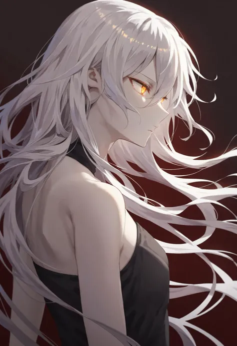 masterpiece, best quality,
1girl,
red background, solo, long hair, from side, profile, upper body, white hair, simple background, closed mouth, yellow eyes, bare shoulders, orange eyes, narrowed eyes, glowing eyes, glowing, looking afar, messy hair, dark background, hair between eyes