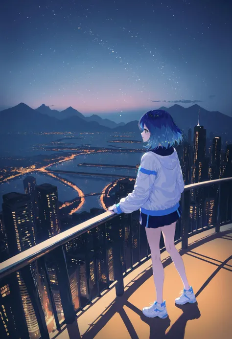 masterpiece, best quality,1girl, solo, multicolored hair, star, (sky:1.1), scenery, starry sky, two-tone hair, star \(symbol\), star \(sky\), blue hair, standing, white footwear, blue sky, city, cityscape, wide shot, outdoors, railing