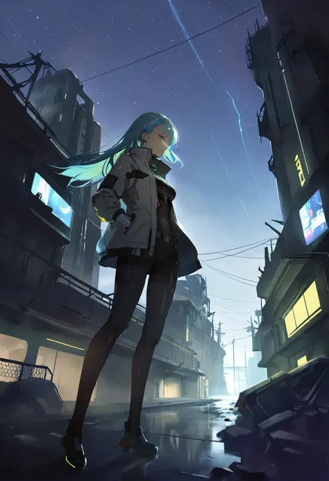 masterpiece, best quality,
1girl,
solo, cyberpunk, black pantyhose, yanderemulticolored hair, scenery, night, star, (sky:1.1), (sky:1.1), starry sky, night sky, outdoors, jacket, power lines, blue hair, science fiction, gradient hair, ruins, grey jacket, pantyhose, star \(sky\), aqua hair