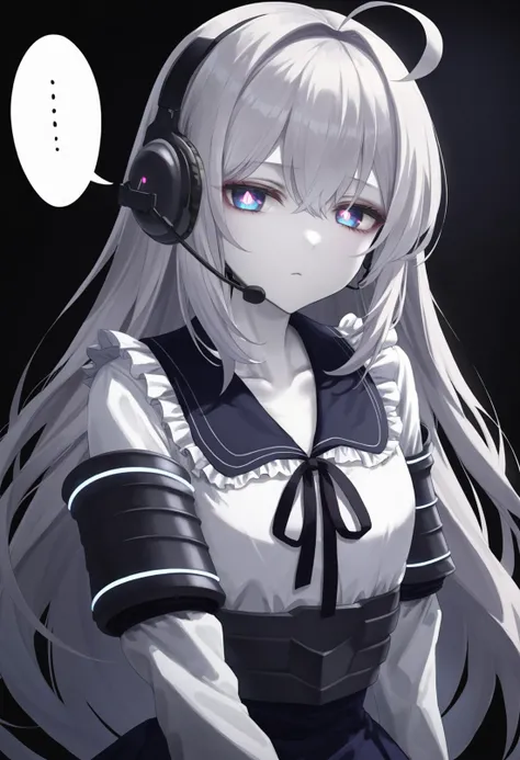 masterpiece, best quality,
1girl,
shirt, long hair, ribbon, collared shirt, white shirt, blank speech bubble, looking at viewer, black background, neck ribbon, closed mouth, solo, space helmet, speech bubble, upper body, white hair, skirt, hair between eyes, simple background, long sleeves, helmet, half-closed eyes, collarbone, blue eyes, dark background, black ribbon, light, frilled shirt, blue skirt, frills, headset, very long hair, pale skin, :<, ahoge, double-parted bangs, black armor, pink pupils, armor