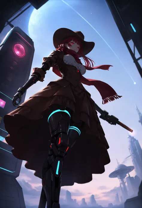 masterpiece, best quality,1girl, original, extremely detailed 8K wallpaper, solo
red hair, cowboy hat with feather, cyberpunk, 1011ta dress, red eyes, latex, star, (sky:1.1), scenery, starry sky, red scarf, science fiction, long hair, mechanical legs, looking at viewer, mechanical parts, scarf, from below, hat, dress, cigar, sheriff, android, star \(sky\), gashapon