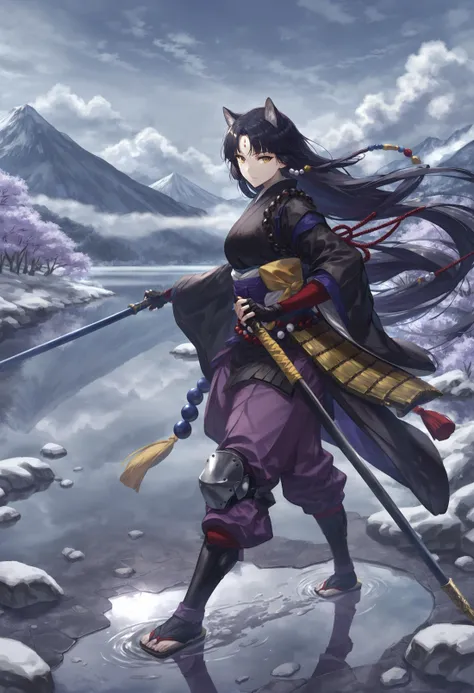 masterpiece, best quality,
1girl, saga \(arknights\),
long hair, animal ears, solo, dog ears, weapon, geta, knee pads, black hair, japanese clothes, reflection, holding, polearm, holding weapon, kimono, outdoors, black kimono, pants, cloud, standing, holding polearm, very long hair, forehead mark, gloves, sky, prayer beads, full body, water, facial mark, purple pants, mountain, looking at viewer, scenery, cloudy sky, long sleeves, expressionless, naginata, armor, closed mouth, yellow eyes, black gloves, lake, prayer aliceings, fighting stance, parted bangs, planted, beads, fingerless gloves, japanese armor, wet floor, wide sleeves, puddle, tabi