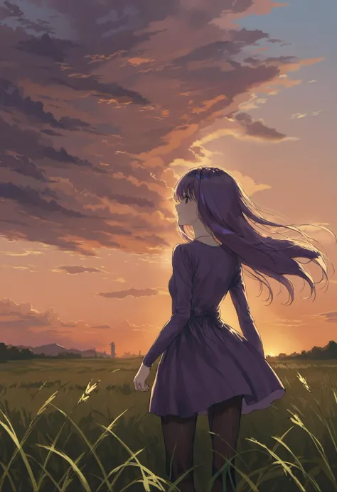 masterpiece, best quality,1girl, solo, black pantyhose, sister, cenery, cloud, sky, outdoors, sunset, long hair, purple hair, pantyhose, standing, purple dress, siblings, grass, hair down, grasslands, dress