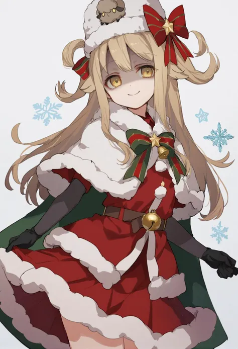 masterpiece, best quality,1girl,   solo, blonde hair, hat, skirt, long hair, capelet, yellow eyes, gloves, belt, looking at viewer, red skirt, bow, holding, bell, simple background, fur trim, sheep, hair bow, fur-trimmed capelet, star \(symbol\), white background, closed mouth, fur hat, two side up, smile, shiromuku, red bow, black gloves, christmas, shaded face, cowboy shot, fur-trimmed skirt, animal, large bow, official alternate costume, santa hat, sheep between e, snowflakes