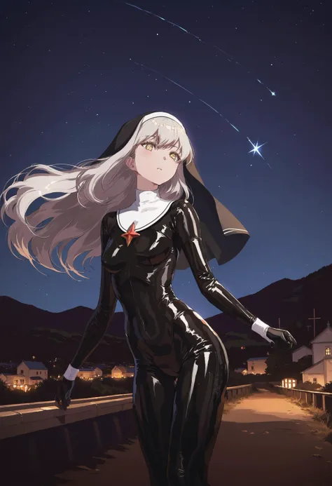 masterpiece, best quality,1girl,   solo, latex, nun, star, (sky:1.1), scenery, starry sky, long hair, shooting star, jimlight \(counter:side\), star \(sky\), shiny eyes, red star, bodysuit, skin tight, looking to the side