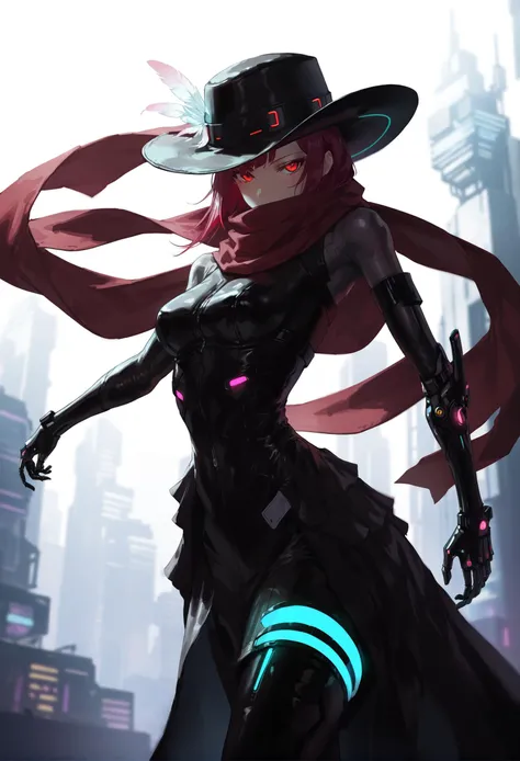 masterpiece, best quality,1girl,  original, extremely detailed 8K wallpaper, solo
red hair, cowboy hat with feather, cyberpunk, 1011ta dress, red eyes, latex, red scarf, scarf, bodysuit, hat, side slit, covered mouth, prosthesis, prosthetic arm, leather