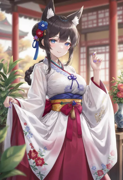 masterpiece, best quality,
1girl,   
hanbok, solo, korean clothes, blue eyes, hair ornament, animal ears, flower, black hair, looking at viewer, hair flower, long sleeves, closed mouth, hair bun, nail polish, sidelocks, braid, animal ear fluff, plant, skirt hold, floral print, blurry, smile, single hair bun, see-through, tassel, purple nails, ribbon, white hanbok, hand up, blue ribbon, korean text, long hair, hair between eyes, eyelashes, breasts, light blush, fox ears, see-through silhouette, long braid, large breasts, cowboy shot, standing, blurry background, crown
