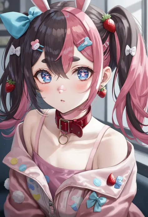 masterpiece, best quality,
1girl,
hair ornament, solo, blue eyes, collar, food-themed hair ornament, jewelry, bandaid, looking at viewer, earrings, black hair, blush, long hair, rabbit hair ornament, jacket, multicolored hair, pink shirt, hair between eyes, shirt, bandaid on face, hairclip, portrait, symbol-shaped pupils, bow, star \(symbol\), parted lips, pink jacket, star-shaped pupils, strawberry hair ornament, red collar, hair bow, off shoulder, pink hair, two-tone hair, short eyebrows, bandaid on nose, rabbit pin, thick eyebrows, twintails