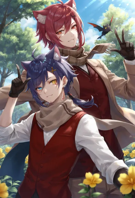 masterpiece, best quality,
multiple boys, male focus, 2boys,   
black scarf, short ponytail, neck tattoo, scarf, miqo'te, flower, smile, red eyes, cat ears, animal ears, shirt, red hair, x hair ornament, low ponytail, hair ornament, tattoo, jewelry, white shirt, facial mark, upper body, jacket, ahoge, short hair, index finger raised, yellow eyes, pendant, hair between eyes, profile, cat boy, blue hair, looking at another, vest, sky, white hair, swept bangs, from side, blue sky, outdoors, neck ribbon, hand up, day, pointing, slit pupils, brown scarf, red jacket, necklace, ribbon, open clothes, brown jacket, open jacket, red vest, looking at viewer, hair behind ear, high ponytail, blue eyes, kodachi, alternate costume, hair ribbon, tree, grin, pointing up, waving, long sleeves, black gloves, yellow flower, gloves, wind glider, sunlight, facial hair, parted lips, scarf, beckoning