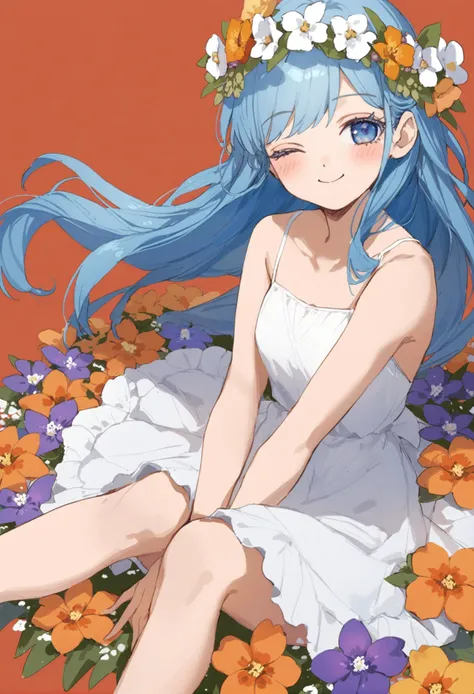 masterpiece, best quality,1girl, flower, solo, dress, long hair, blue eyes, white flower, white dress, blue hair, looking at viewer, smile, purple flower, sleeveless, red flower, orange flower, red background, sleeveless dress, yellow flower, closed mouth, floating hair, eyelashes, light blush, very long hair, looking to the side, one eye closed, simple background, sitting, blush, spaghetti strap, bare arms, head wreath, bare legs, on flower, cowboy shot