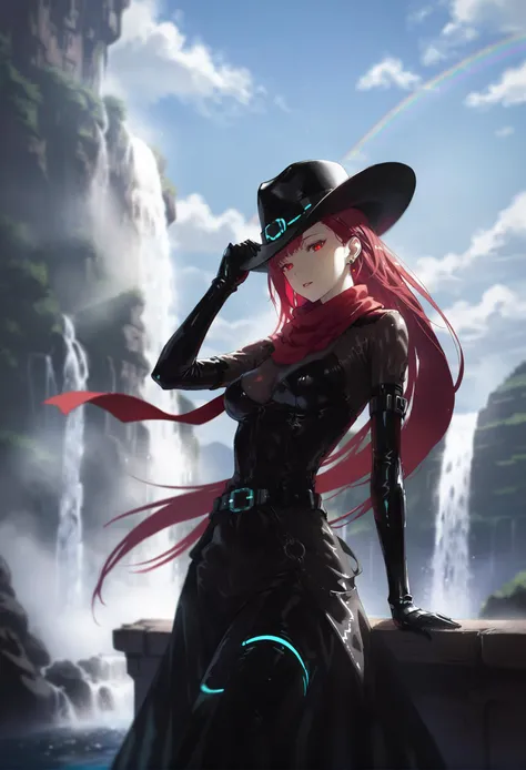 masterpiece, best quality,1girl, original, extremely detailed 8K wallpaper, solo
red hair, cowboy hat with feather, cyberpunk, 1011ta dress, red eyes, latex, waterfall, rainbow, scenery, sky, cloud, red scarf, cowboy western, long hair, breasts, blurry background, belt, hair behind ear, water, shiny clothes, hat, very long hair, cleavage, hand on headwear, dress, medium breasts, scarf, outdoors, bodysuit, black dress, parted lips, blurry, day