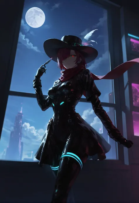 masterpiece, best quality,1girl, original, extremely detailed 8K wallpaper, solo
red hair, cowboy hat with feather, cyberpunk, 1011ta dress, red eyes, latex, scenery, window, star, (sky:1.1), moon, red scarf, standing, jacket, hat, scarf, night, bodysuit, full moon, hair over one eye, cloud, star \(sky\), cloudy sky, latex bodysuit, shirt under dress