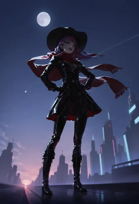 masterpiece, best quality,1girl, original, extremely detailed 8K wallpaper, solo
red hair, cowboy hat with feather, cyberpunk, 1011ta dress, red eyes, latex, star, (sky:1.1), scenery, starry sky, red scarf, black hair, night sky, moon, multicolored hair, medium breasts, goth fashion, star \(sky\), black lips, shiny lips, night, lipstick, hands on own hips, breasts, teeth, scarf, buck teeth, full moon, streaked hair, city, boots, gloves, vampire, purple hair, black gloves, hat, hat belt, knee boots, narrow waist, impossible clothes, makeup, breasts apart, black dress, latex dress, open mouth, bodysuit, dress, sidelocks, outdoors, eyelashes