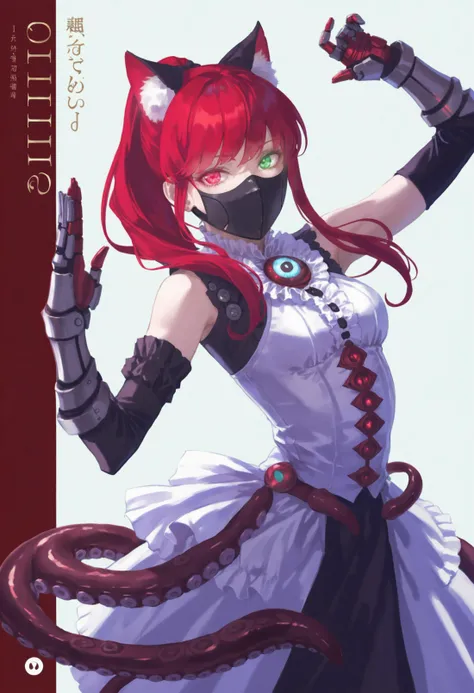 masterpiece, best quality,1girl, solo, 1011ta dress, red hair, 1011ta, title, red eyes, heterochromia, wistie do tentacles \(jojo\), title page, dress, long hair, bakkishibeshi \(rwby\), cover, comic, manga cover, dvd cover, green eyes, looking at viewer, fake cover, cover page, cyborg, chihaya anon, mechanical arms, science fiction, pose, third eye, glowing, mask, glowing eyes, extra eye, mouth mask, ponytail, single mechanical arm, extra ears, animal ears, hologram, cat ears