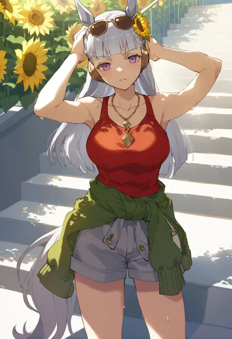 masterpiece, best quality,1girl, gold ship \(umamusume\), sunflower, eyewear hang, solo, unworn eyewear, animal ears, horse ears, flower, long hair, sunglasses, looking at viewer, clothes around waist, red shirt, horse girl, breasts, outdoors, blunt bangs, bag, shorts, bare shoulders, purple eyes, grey hair, towel, bow, collarbone, shirt, day, cowboy shot, sweat, hair bow, large breasts, yellow flower, holding, grey shorts, stairs, sleeveless, standing, horse tail, handbag, jacket, alternate costume, tank top, hair ornament, closed mouth, frown, necklace, sunlight, jewelry, casual, tail, blush, hair flower, hands on own head