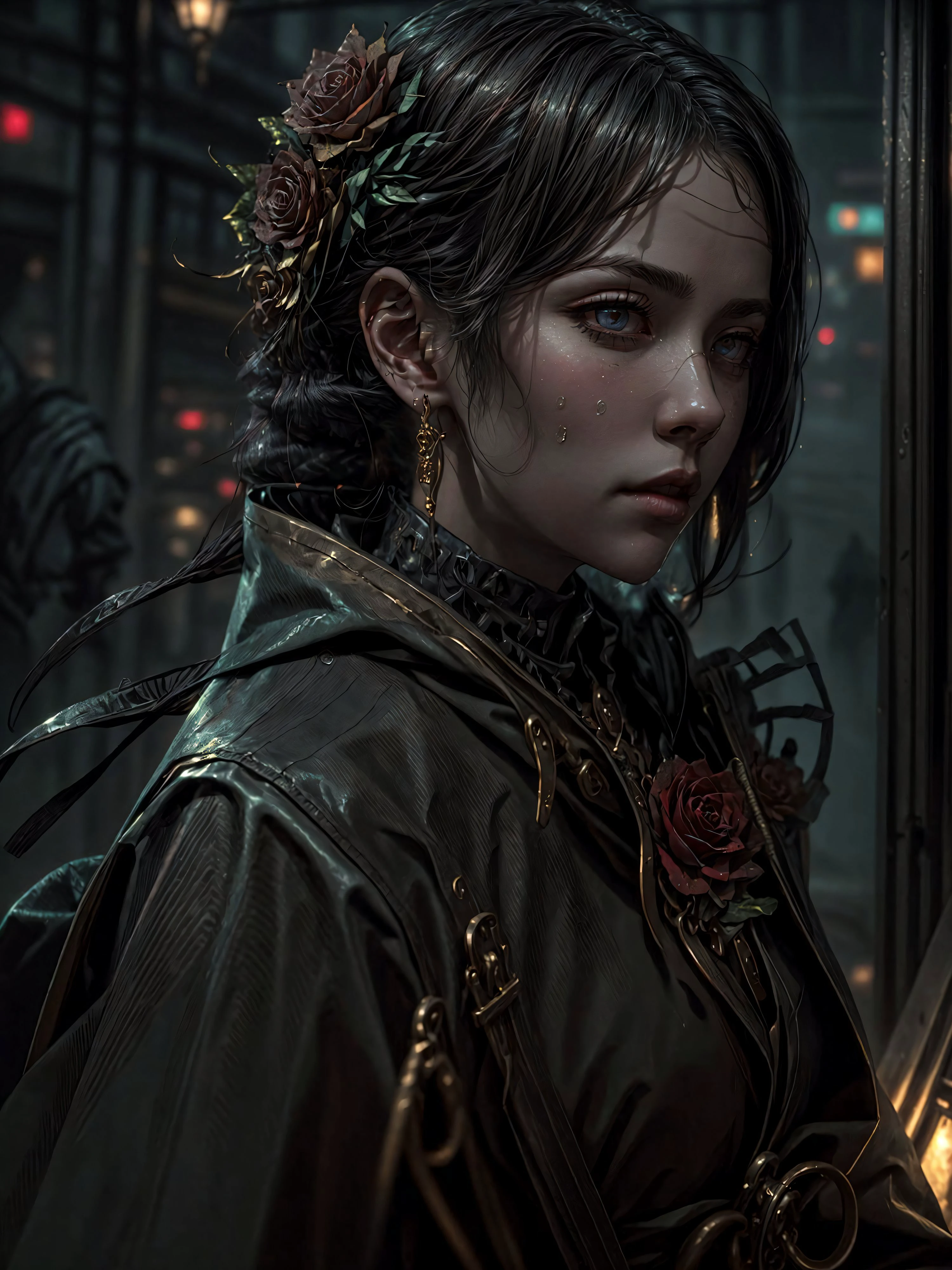 (best quality, masterpiece:1.2), photorealistic, ultra high res, front lighting, intricate detail, Exquisite details and textures, face highlight, (detailed eyes:1.3), (beautiful detailed eyes), (beautifully detailed face), (detailed lips:1), (detailed skin:1), ultra realistic, yorforger, golden rose, dynamic pose, intricate armor, dark alley, at night, somber atmosphere, vibrant colors, cinematic lighting, heavy fog and rain, <lora:ARWYorForger:1> <lora:more_details:1> <lora:CyberpunkStyleV3:1>