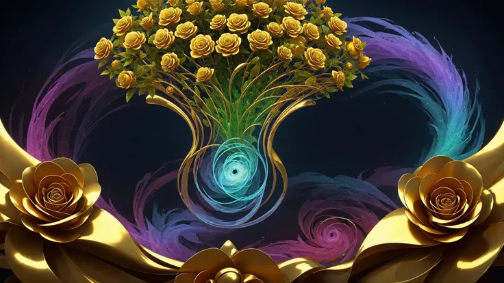 digital art, fractal swiryl with julia n effects , fantasy shapes gold flora elements , perfect quality golden roses and rare gems and kyrstals , colorfull