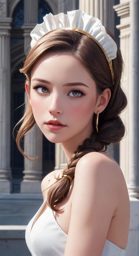 an awarded profesional photography of 1girl (pale white skin, beautiful gold eyes,) dutch fishtail braid ringlets red with maid headdress with wrist scrunchie and spider's web with felated,she make arm at her side in a city with corinthian architecture architecture,maked with Canon PowerShot G7X MarkIII photography by Sally Mann dramatic light,(epic scene:1.3),ultradetialed character with perfect face,detailed skin,(ultrasharp:1.3),(masterpiece:1.1),best quality AS-YoungV2,(photorealistic:1.2),ultrarealistic,realistic ultradetailed character,4k perfect quality,Full shot<lyco:GoodHands-beta2:1>Magnificent,Imperceptible detail,Intricately designed,