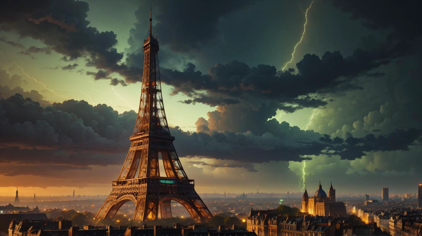 masterpiece , 8k perfect quality, awarded painting of eiffel tower hiting by thunder, night foto, thunder lights, ultradetailed, realistic city landscape , magic vibe <lora:halloweenTech-20:0.7> halloweentech , scifi, supernatural green, thunder hit eiffel tower