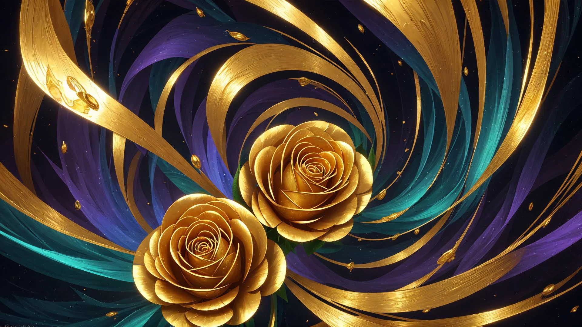 digital art, fractal swiryl with julia n effects , fantasy shapes gold flora elements , perfect quality golden roses and rare gems and kyrstals , colorfull