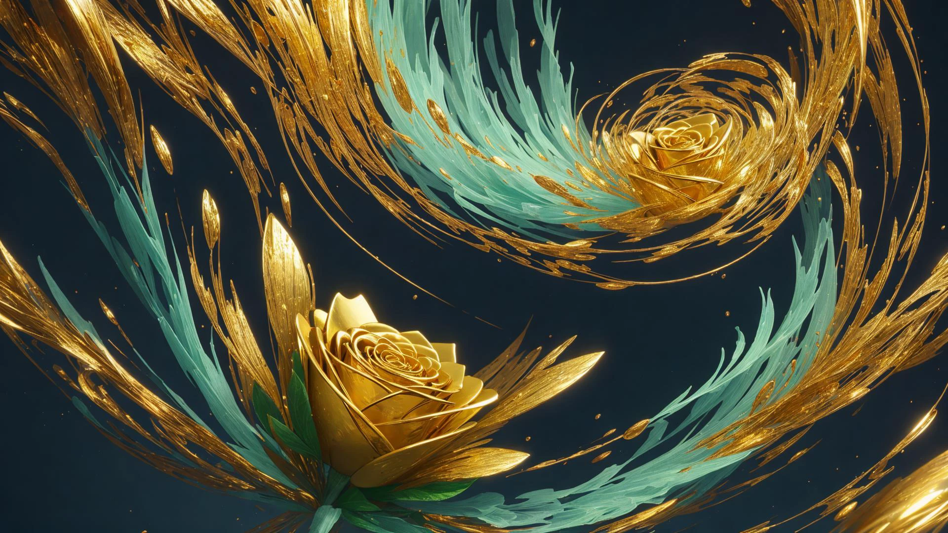 digital art, fractal swiryl with julia n effects , fantasy shapes gold flora elements , perfect quality golden roses and rare gems and kyrstals , colorfull