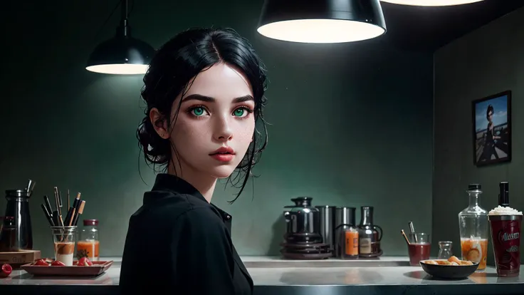 an awarded photo of 1 girl with greek beauty, she has small nose and delicate freckles, alabaster white skin with big green eyes and black brows and black long wawing hairstyle with bloody red highlights, posing to time magazine in modern cafe , dynamic pose,perfect quality masterpiece, ultradetailed, ultrasharp, best quality, photorealistic, cinematic lights, half body shot, realistic photography, analog photography, looks like real, boekh, deep of field, <lora:rMadArt3_NoiseOffset:1> <lora:WitchcraftPunkAI:1>