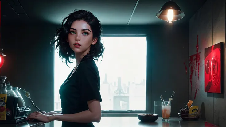 an awarded photo of 1 girl with greek beauty, she has small nose and delicate freckles, alabaster white skin with big green eyes and black brows and black long wawing hairstyle with bloody red highlights, posing to time magazine in modern cafe , dynamic pose,perfect quality masterpiece, ultradetailed, ultrasharp, best quality, photorealistic, cinematic lights, half body shot, realistic photography, analog photography, looks like real, boekh, deep of field, <lora:rMadArt3_NoiseOffset:1> <lora:WitchcraftPunkAI:1>