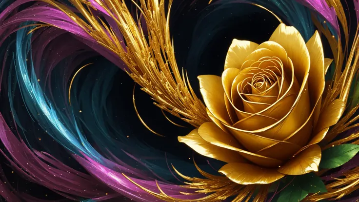 digital art, fractal  swiryl with julia n effects , fantasy shapes gold flora elements , perfect quality golden roses and rare gems and kyrstals , colorfull