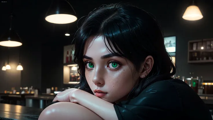 an awarded photo of 1 girl with greek beauty, she has small nose and delicate freckles, alabaster white skin with big green eyes and black brows and black long wawing hairstyle with bloody red highlights, posing to time magazine in modern cafe , dynamic pose,perfect quality masterpiece, ultradetailed, ultrasharp, best quality, photorealistic, cinematic lights, half body shot, realistic photography, analog photography, looks like real, boekh, deep of field, <lora:rMadArt3_NoiseOffset:1> <lora:WitchcraftPunkAI:1>