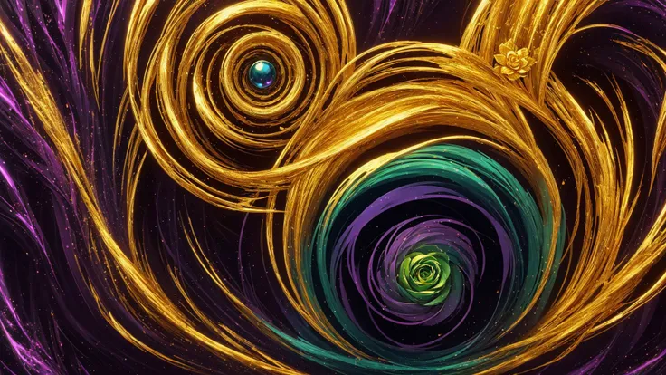 digital art, fractal swiryl with julia n effects , fantasy shapes gold flora elements , perfect quality golden roses and rare gems and kyrstals , colorfull