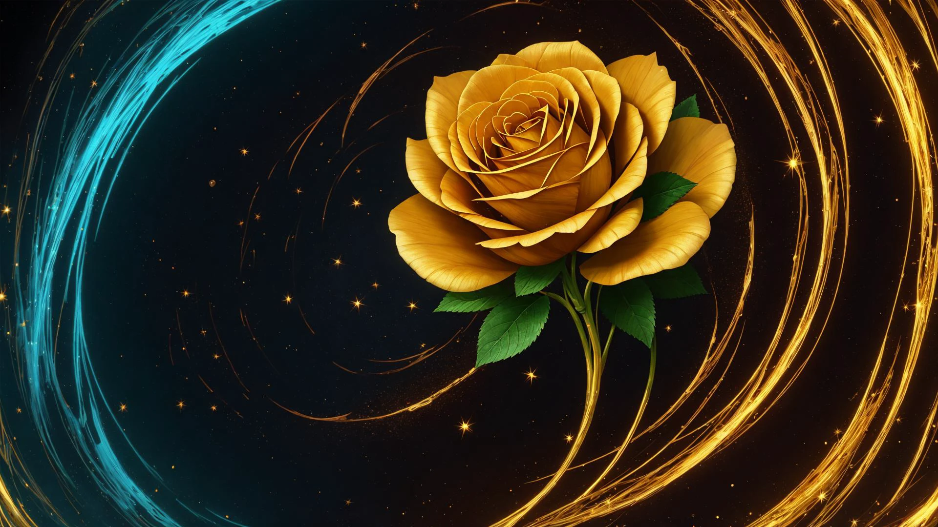 digital art, fractal swiryl with julia n effects , fantasy shapes gold flora elements , perfect quality golden roses and rare gems and kyrstals , colorfull