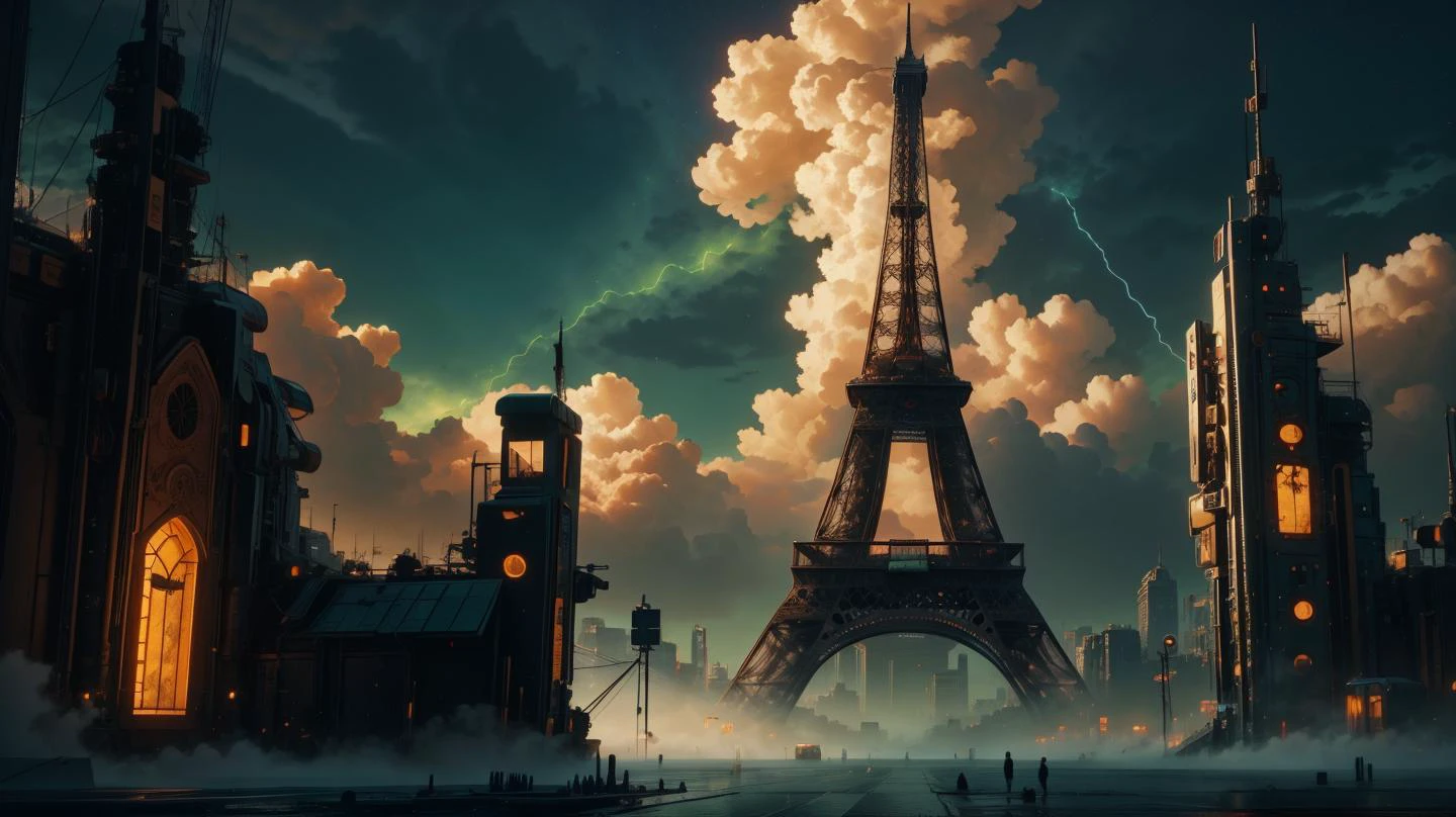 masterpiece , 8k perfect quality, awarded painting of eiffel tower hiting by thunder, night foto, thunder lights, ultradetailed, realistic city landscape , magic vibe <lora:halloweenTech-20:0.7> halloweentech , scifi, supernatural green, thunder hit eiffel tower