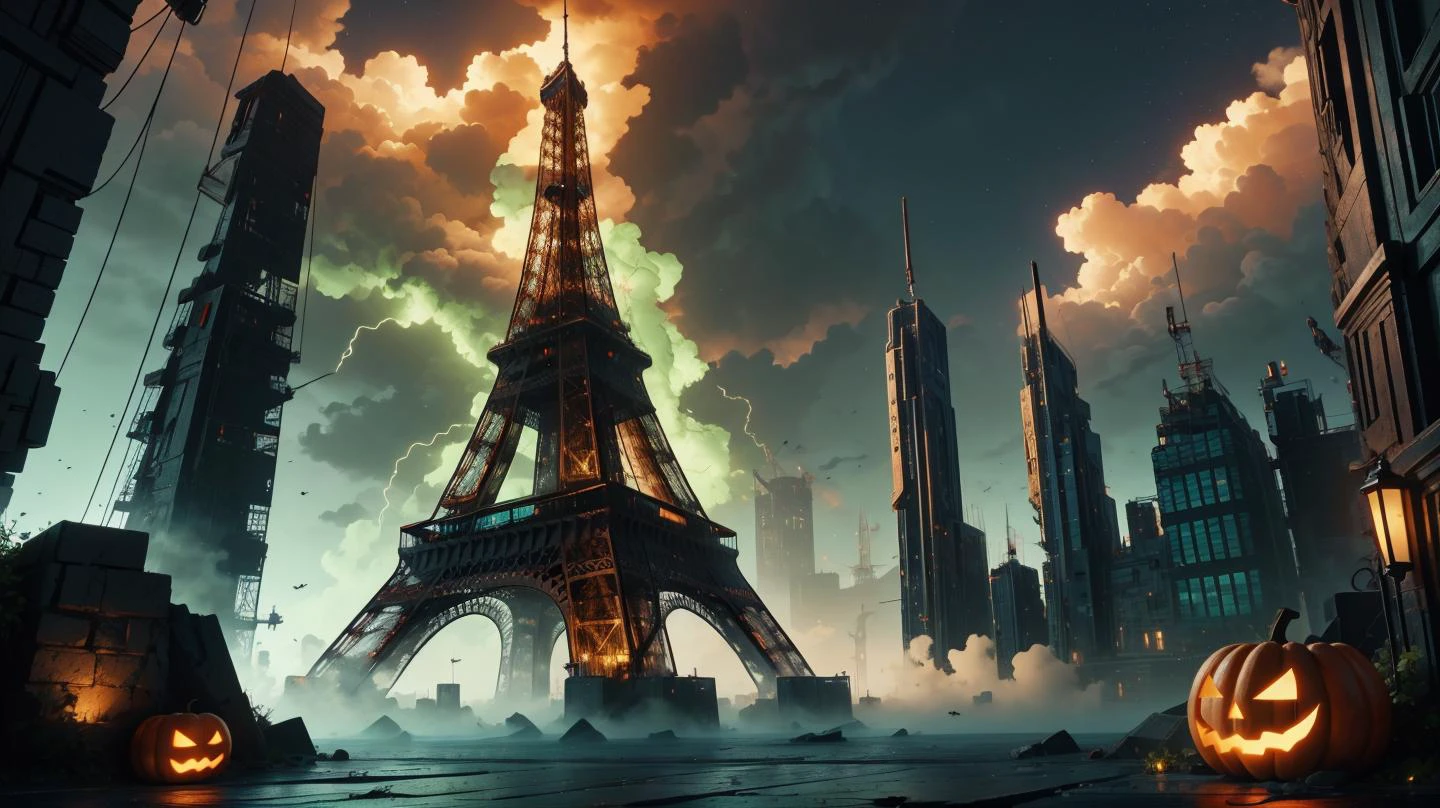 masterpiece , 8k perfect quality, awarded painting of eiffel tower hiting by thunder, night foto, thunder lights, ultradetailed, realistic city landscape , magic vibe <lora:halloweenTech-20:0.7> halloweentech , scifi, supernatural green, thunder hit eiffel tower