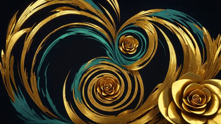 digital art, fractal swiryl with julia n effects , fantasy shapes gold flora elements , perfect quality golden roses and rare gems and kyrstals , colorfull