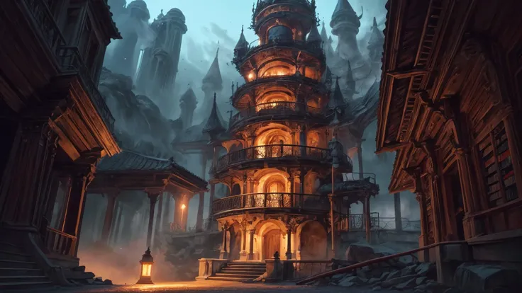 a profestional picutre of Wizard's Tower: A spiraling tower with a library of arcane knowledge and magical experiments. wide angle, landscape , photorealism,unreal 5 daz, extremely detailed artgerm greg rutkowski greg,((ultrasharp)),((masterpiece)),((best quality)),((ultradetailed)),((intricated details)), extremaly detailed background, <lora:add_detail:0.7> ultra realistic,32k,RAW photo, 8k uhd,dslr,soft lighting,high quality,film grain, beautiful and aesthetic,extremely detailed, natural shadwos,