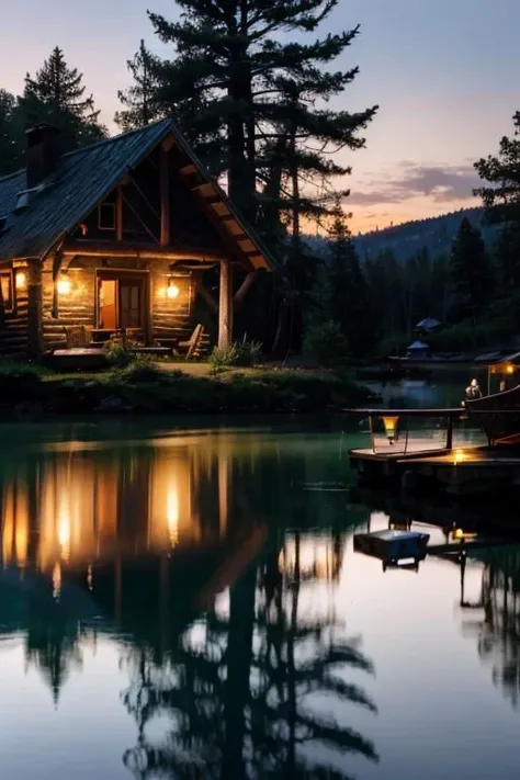 a profesional picture of 1 girl,teen girl,small breasts,astetic beauty,  <lora:Gr1mes:0.69> Gr1mes   on dusk , in Rustic Cabin by the Lake: A charming, weathered cabin nestled on the edge of a tranquil lake, surrounded by tall pine trees. The cabin's wooden beams and logs exude a cozy rustic charm, and the lake's reflection shimmers with the changing hues of the sky. , siting, corss legs, smile,   realistic ,perfect quality,best quality,ultrasharp,ultradetailed,perfect quality,masterpiece,intricated details,  <lora:add_detail:0.4>