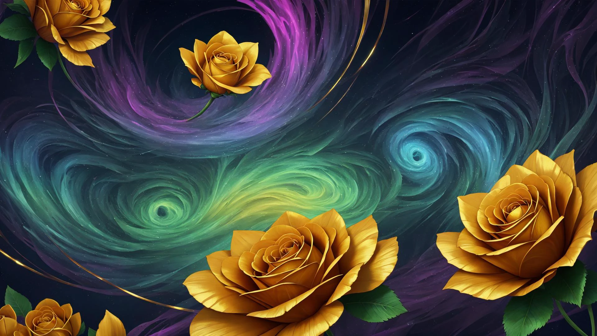 digital art, fractal swiryl with julia n effects , fantasy shapes gold flora elements , perfect quality golden roses and rare gems and kyrstals , colorfull