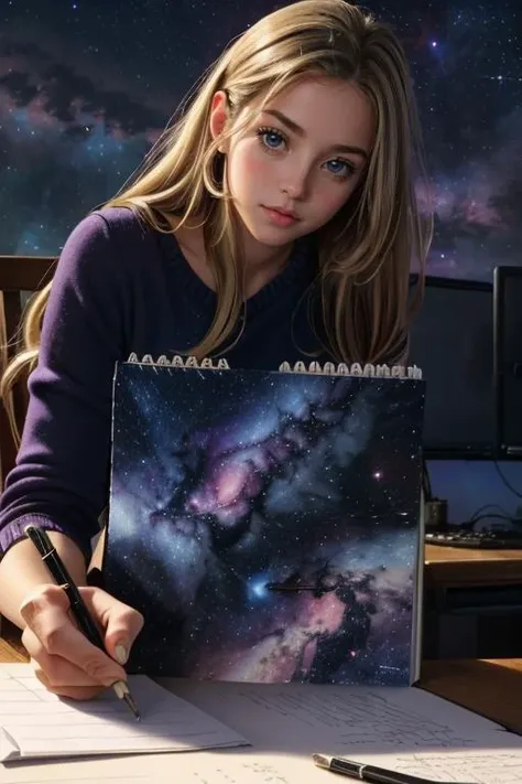 a profesional picture of 1 girl,teen girl,small breasts,astetic beauty,  <lora:Olivier Mira Armstrong v1_1:0.69> olivier_mira_armstrong   on dusk , in Cosmic Nebula: An awe-inspiring view of a cosmic nebula, showcasing swirling hues of blues, purples, and pinks against the vast backdrop of space. , Inspired Pencil Sketch: Sitting at a desk with a sketchbook, they sketch with focused dedication. Their pencil moves gracefully across the page, and their eyes study their subject carefully.  realistic ,perfect quality,best quality,ultrasharp,ultradetailed,perfect quality,masterpiece,intricated details,  <lora:add_detail:0.4>