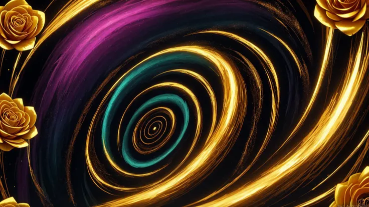digital art, fractal swiryl with julia n effects , fantasy shapes gold flora elements , perfect quality golden roses and rare gems and kyrstals , colorfull
