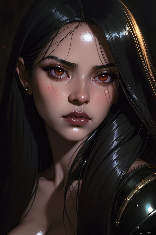 dusk, moody, gloomy, intimate close up portrait of a beautiful vampire princess, perfect shiny ivory skin, flushed, smoldering eyes, (perfect face), cleavage, shiny long black hair, frills, (Albert Lynch), J. C. Leyendecker, Ruan Jia, Gaston Bussiere, Alexandre Cabanel, WLOP, best quality