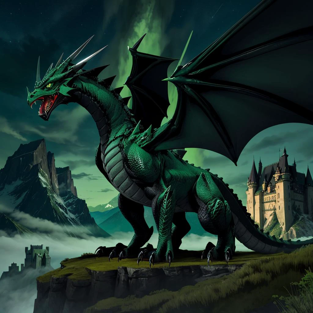 a huge Western black dragon with detailed sharp scales and claws, green Emerald like eyes, Scary castle and mountains in the background, night time,