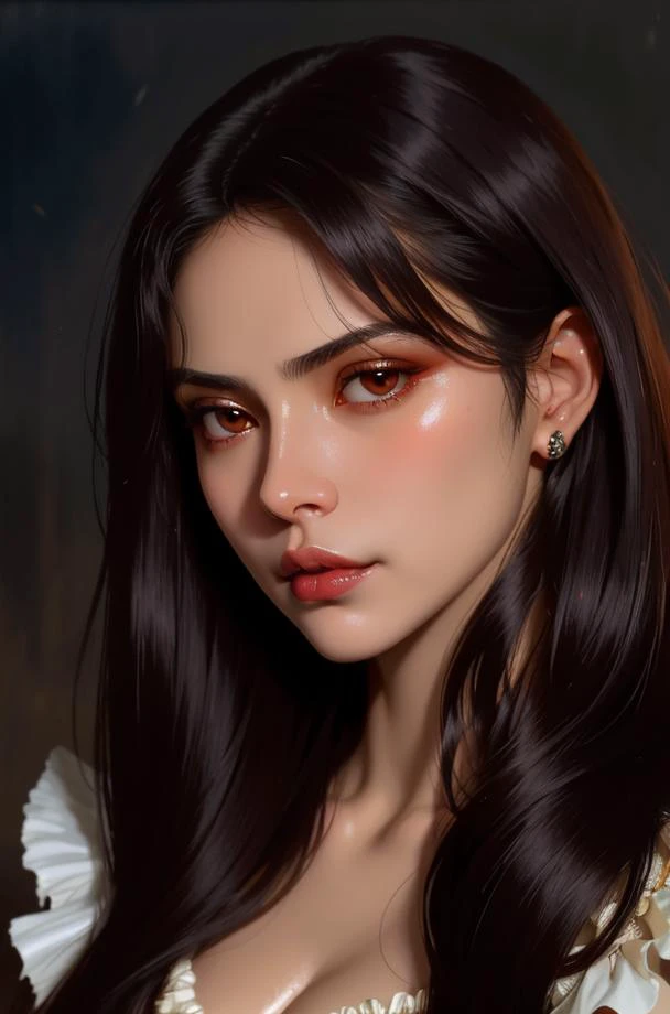 dusk, moody, gloomy, intimate close up portrait of a beautiful vampire princess, perfect shiny ivory skin, flushed, smoldering eyes, (perfect face), cleavage, shiny long black hair, frills, (Albert Lynch), J. C. Leyendecker, Ruan Jia, Gaston Bussiere, Alexandre Cabanel, WLOP, best quality