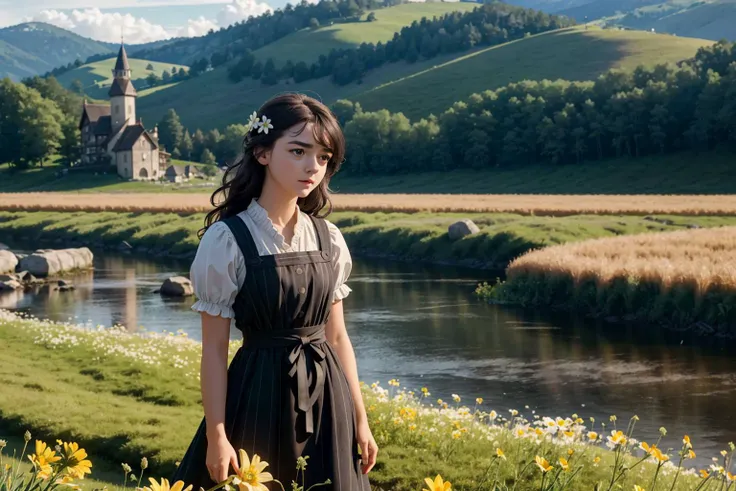 an awarded photo of a 1girl aryastartk-maisiewilliams wawing black long hair, flower in the hair (small reasts:1.3), natural skin, in perfect willage landscape, folclor outfit ,slavic dress, flowers, wheat on plains, wooden hauses, cows, and small river, detailed skin, detailed face, ultradetailed, ultrasahrp, masterpiece, perfect quality, fullbody, natural lights, natural shadows, realistic shadows, ambient oclusion, boekh, realsitic, ultrarealsitic, photorealsitic, landscape with hight detailed character <lora:add_detail:1> <lora:hipoly_3dcg_v7-epoch:0.5 360> photorealsitic <lora:totempunkai_v20:1>