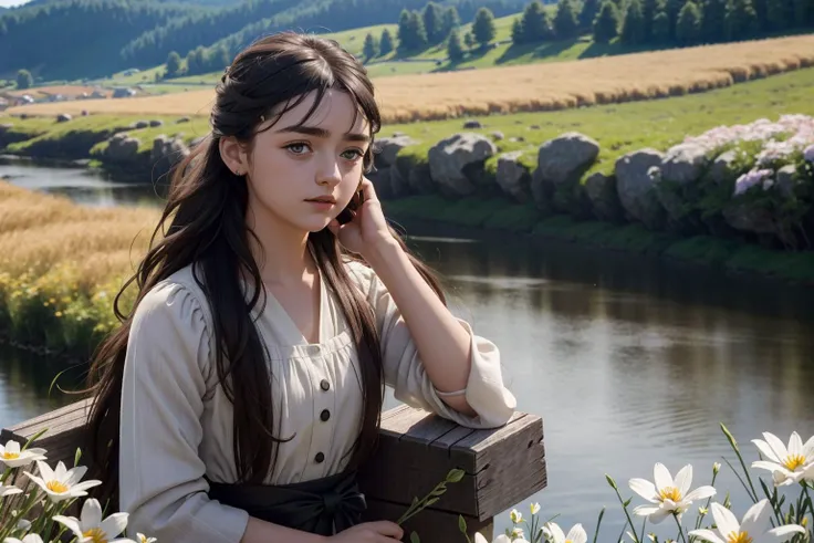 an awarded photo of a 1girl aryastartk-maisiewilliams wawing black long hair, flower in the hair (small reasts:1.3), natural skin, in perfect willage landscape, folclor outfit ,slavic dress, flowers, wheat on plains, wooden hauses, cows, and small river, detailed skin, detailed face, ultradetailed, ultrasahrp, masterpiece, perfect quality, fullbody, natural lights, natural shadows, realistic shadows, ambient oclusion, boekh, realsitic, ultrarealsitic, photorealsitic, landscape with hight detailed character <lora:add_detail:1> <lora:hipoly_3dcg_v7-epoch:0.5 360> photorealsitic <lora:totempunkai_v20:1>