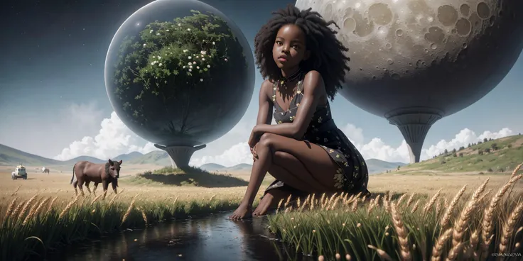 an awarded photo of a 1girl black skin Adut Akech 4d0t4k3ch afro black long hair, flower in the hair , folclor outfit ,slavic dress, (small reasts:1.3), natural skin, in perfect willage landscape in the moon in future, artificial atmosphere, glass sphere,flowers, wheat on plains, wooden hauses, cows, and small river, detailed skin, detailed face, ultradetailed, ultrasahrp, masterpiece, perfect quality, fullbody, natural lights, natural shadows, realistic shadows, ambient oclusion, boekh, realsitic, ultrarealsitic, photorealsitic, landscape with hight detailed character <lora:add_detail:1> <lora:hipoly_3dcg_v7-epoch:0.5 360> photorealsitic <lora:LunarPunkAI:1>