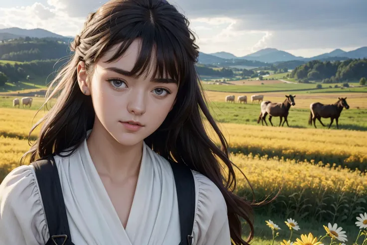 an awarded photo of a 1girl  aryastartk-maisiewilliams wawing black long hair, flower in the hair  (small reasts:1.3), natural skin, in perfect willage landscape, folclor outfit ,slavic dress, flowers, wheat on plains, wooden hauses, cows, and small river,  detailed skin, detailed face, ultradetailed, ultrasahrp, masterpiece, perfect quality, fullbody, natural lights, natural shadows, realistic shadows, ambient oclusion, boekh, realsitic, ultrarealsitic, photorealsitic, landscape with hight detailed character <lora:add_detail:1>  <lora:hipoly_3dcg_v7-epoch:0.5 360> photorealsitic <lora:totempunkai_v20:1>