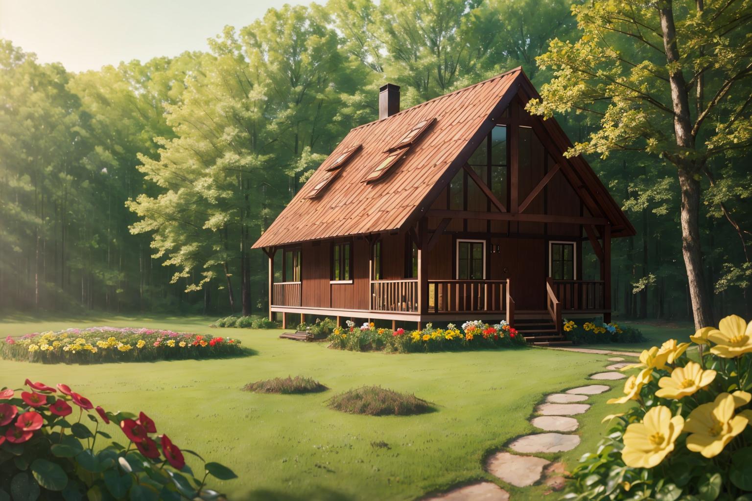 There is a small cabin in the middle of a field with flowers - SeaArt AI